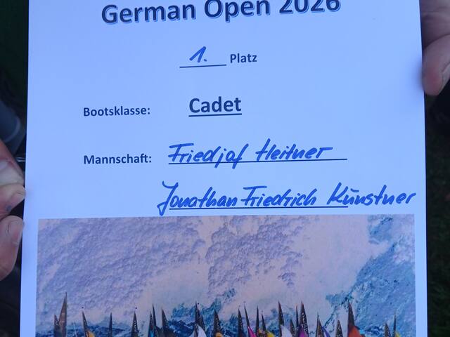 Die Urkunde für den 1. Platz in der Bootsklasse Cadet.